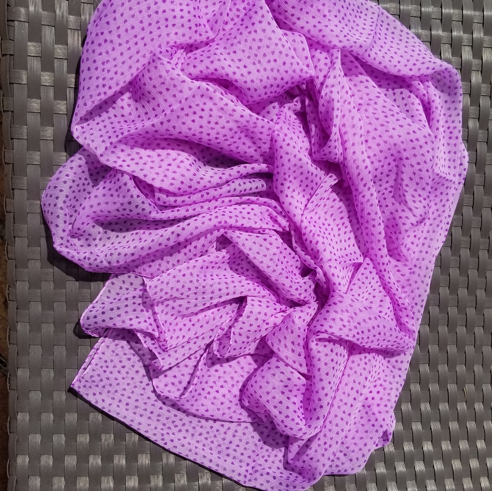 46" x 70" lilac hearts print chiffon scarf.